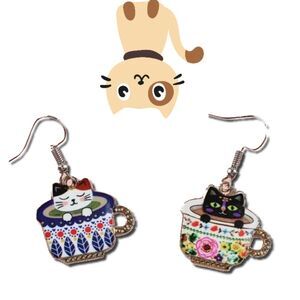2 Cute CATS in Cups Dangle Earrings
